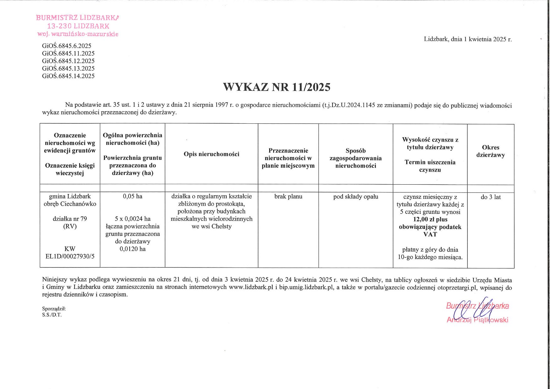 Wykaz Nr 11/2025 - Nieruchomość gruntowa do dzierżawy - obr. Ciechanówko dz. nr 79